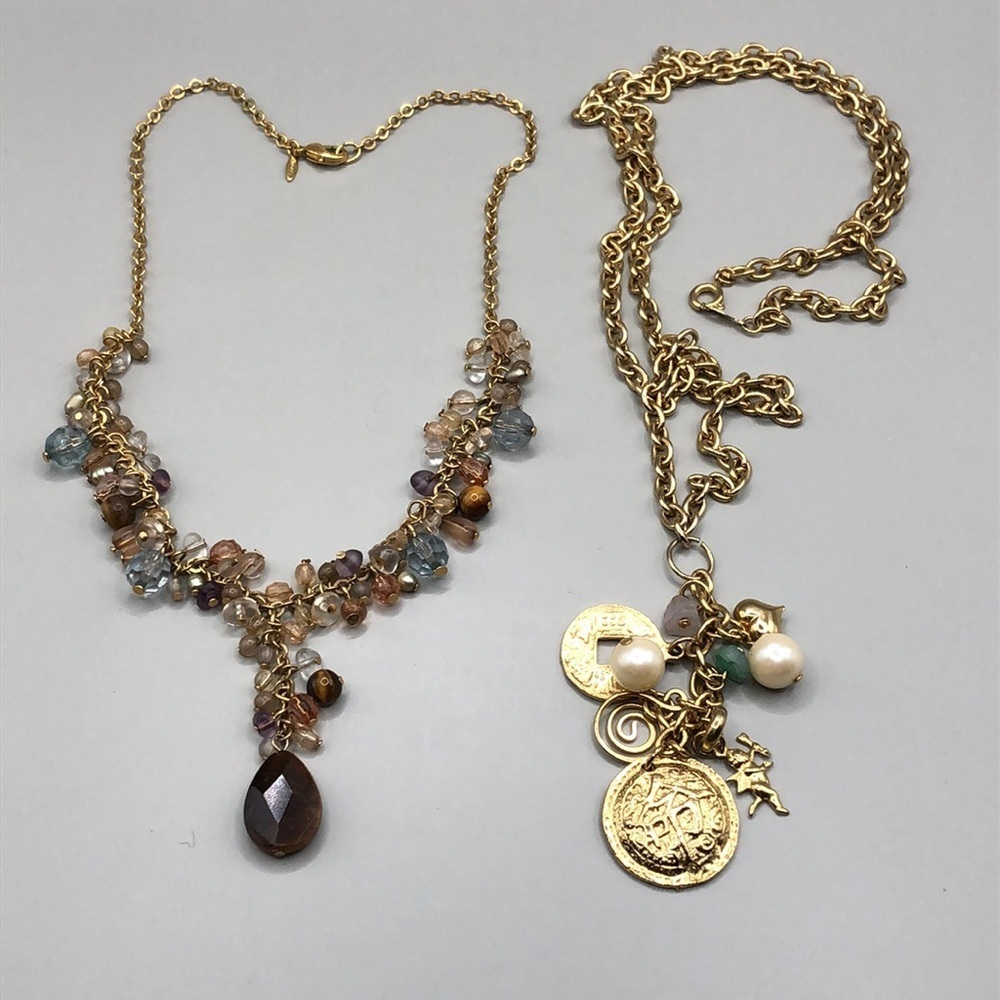 Curated bundle vintage long chain charm dangle Asian coin necklace vtg NR Avon